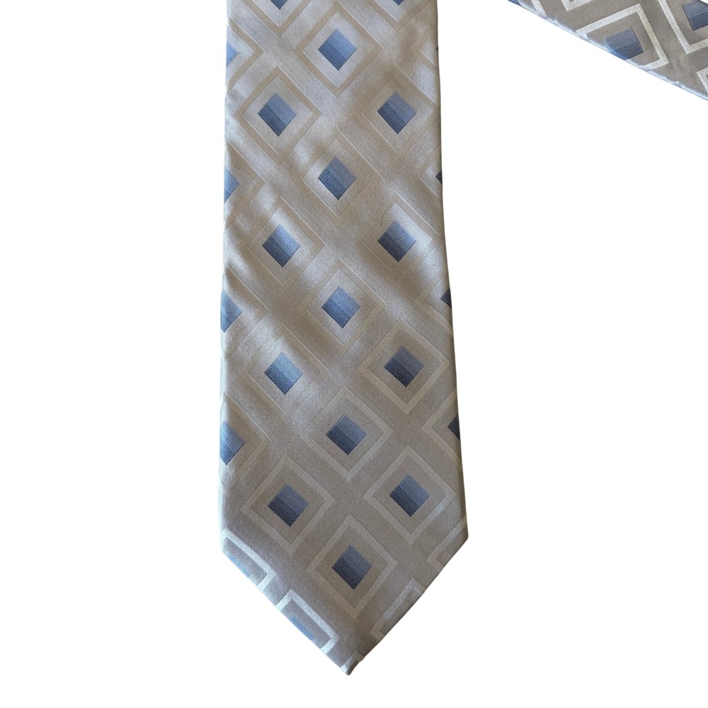Antonio‎ Fellini Mens Silk Tie Silver Blue Geometric Diamond Pattern Handmade 4"